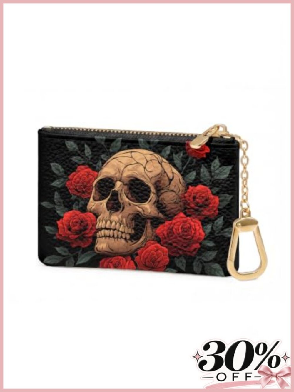 Gothic Skull Floral PU Leather Coin Purse Keychain Change Pouch Wallet